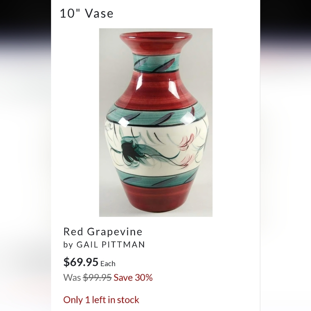 Signed Red Grapevine Gail Pittman Vase - Picture 5 of 6
